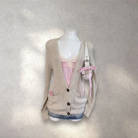 Vintage Hollister Cream Crochet Knit Cardigan - Picture 1 of 8